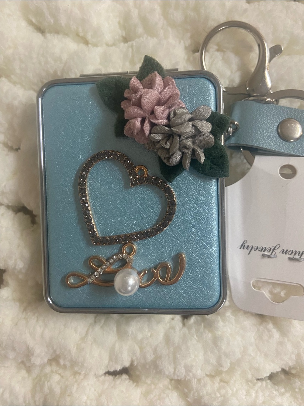 Blue Floral Heart Key Mirror & Card Holder with Gold Accents